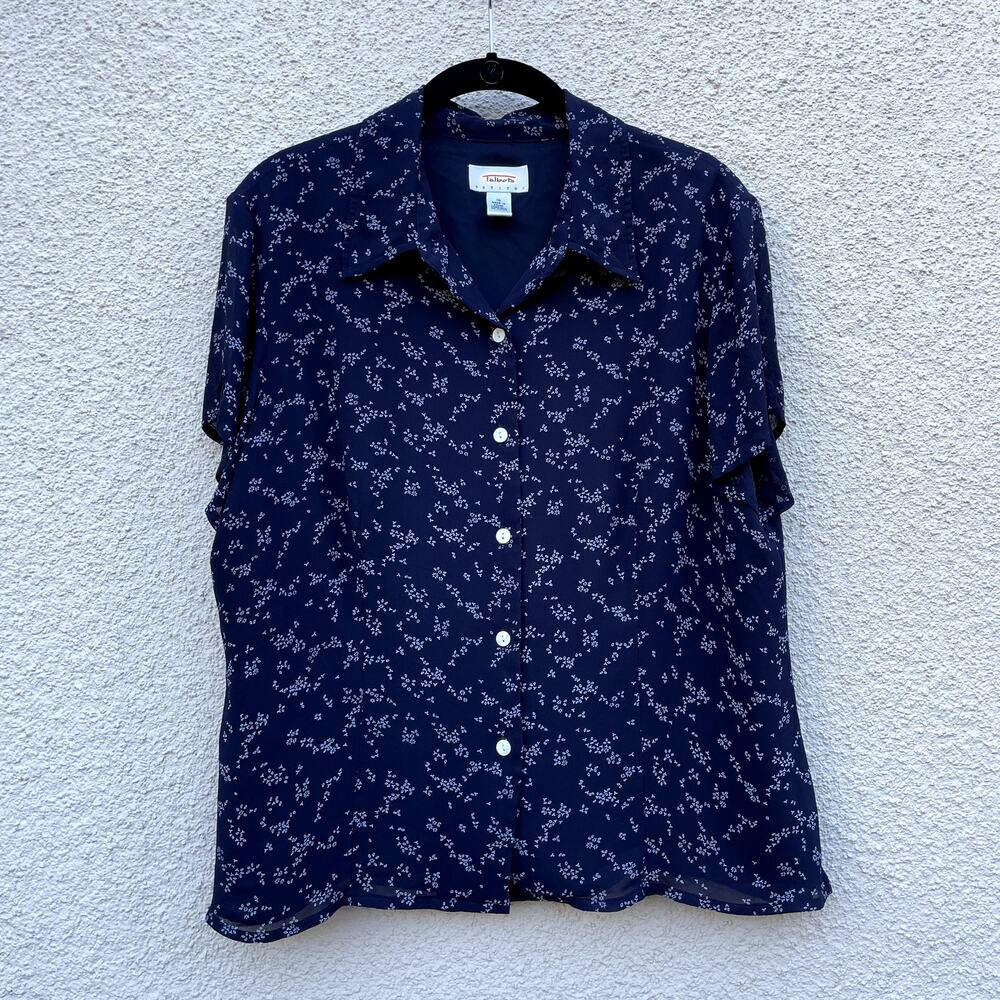 Talbots Vintage 1990s Blue Floral Printed Shirt Blouse Size 16 Petite